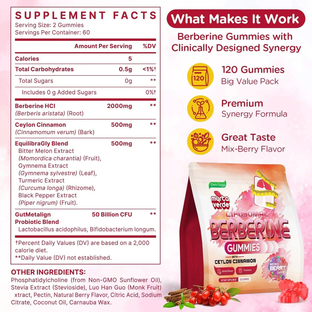 2000mg Liposomal Berberine Supplement Gummies | High Potency Berberine HCI Activates AMPK with Ceylon Cinnamon | Advanced Absorption | Zero Sugar Mixed-Berry | 120 Count - TrustMedUSA