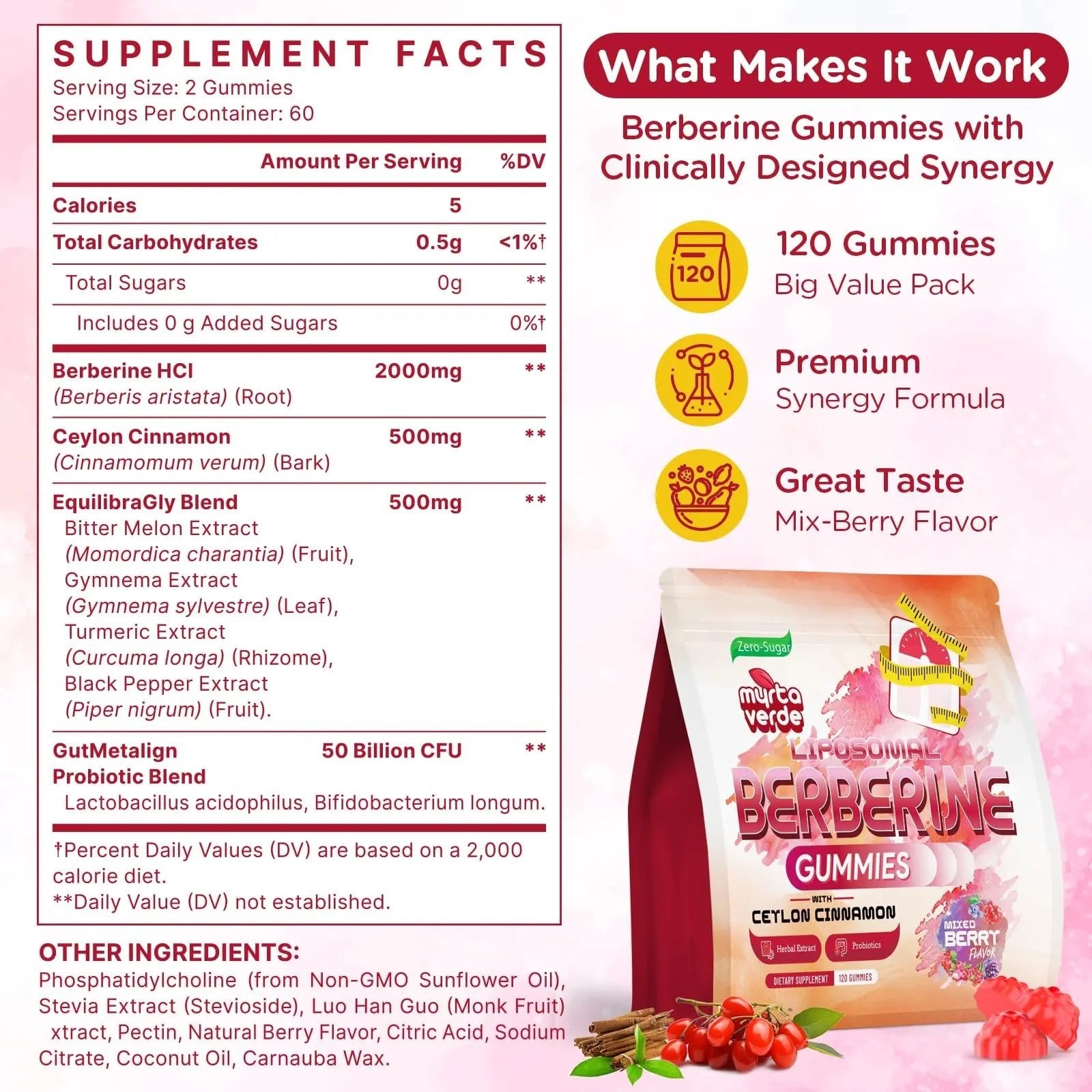 2000mg Liposomal Berberine Supplement Gummies | High Potency Berberine HCI Activates AMPK with Ceylon Cinnamon | Advanced Absorption | Zero Sugar Mixed-Berry | 120 Count - TrustMedUSA