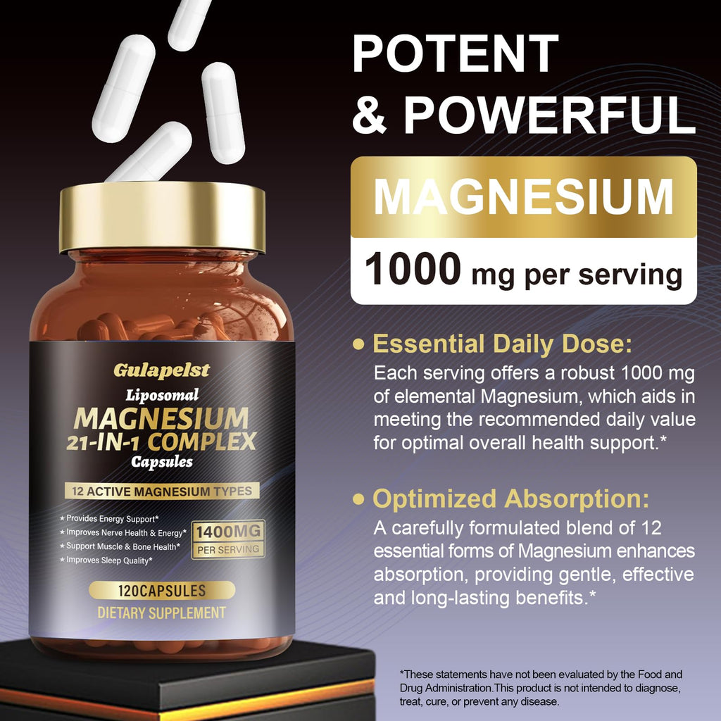 21 in 1 Liposomal 1400mg Magnesium Complex (Citrate, Glycinate, Malate etc) Capsule - 12 Active Types Magnesium with Vitamin D3, B6, B12, C, Ashwagandha & CoQ10 for Women & Men - TrustMedUSA