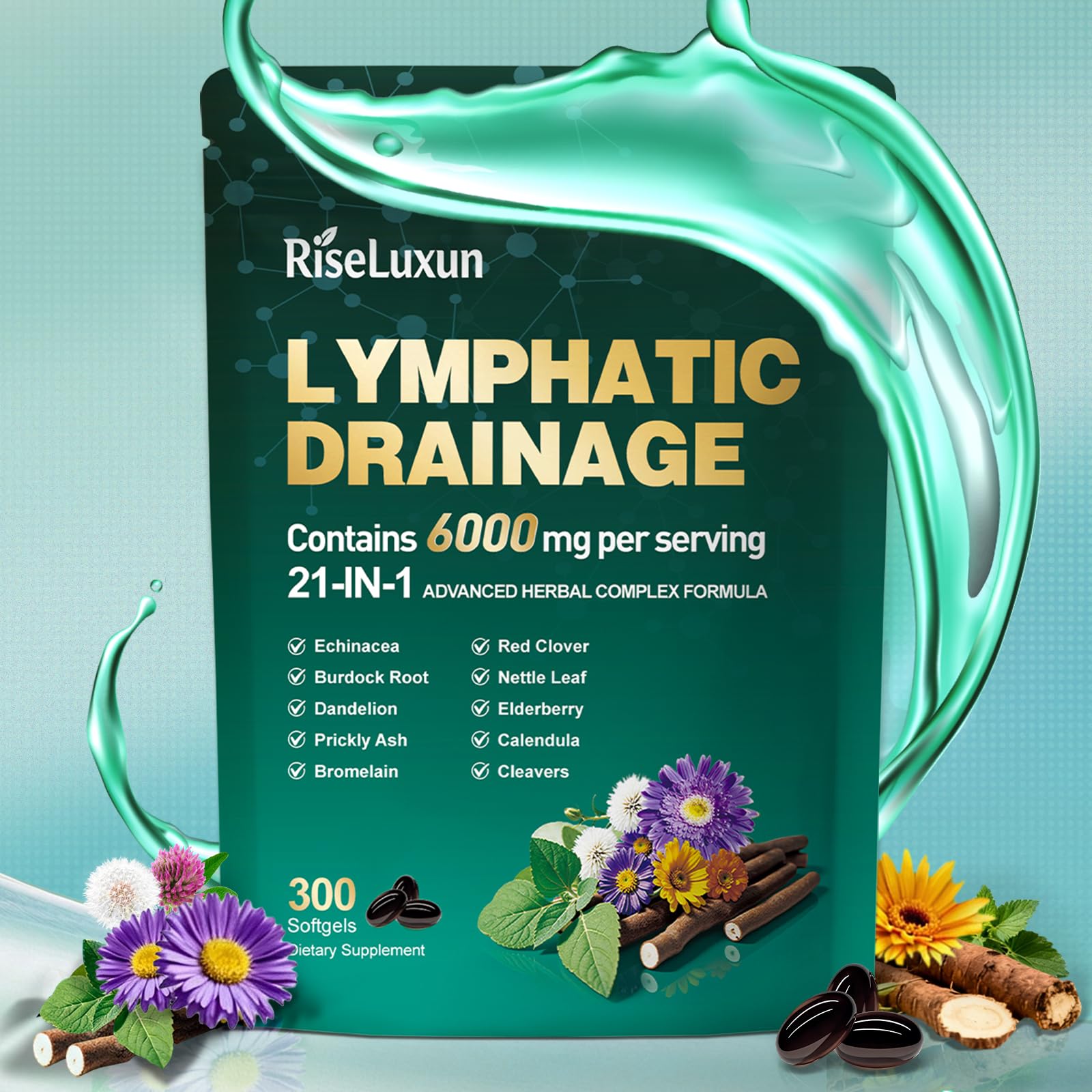 21-in-1 Liposomal Lymphatic Drainage Supplements, 100 Day Supply, 6000mg Lymph System Support for Women & Men with Echinacea, Dandelion, Burdock, Bromelain, Calendula, Turmeric & More, 300 Softgels - Maple Wellness Supplements