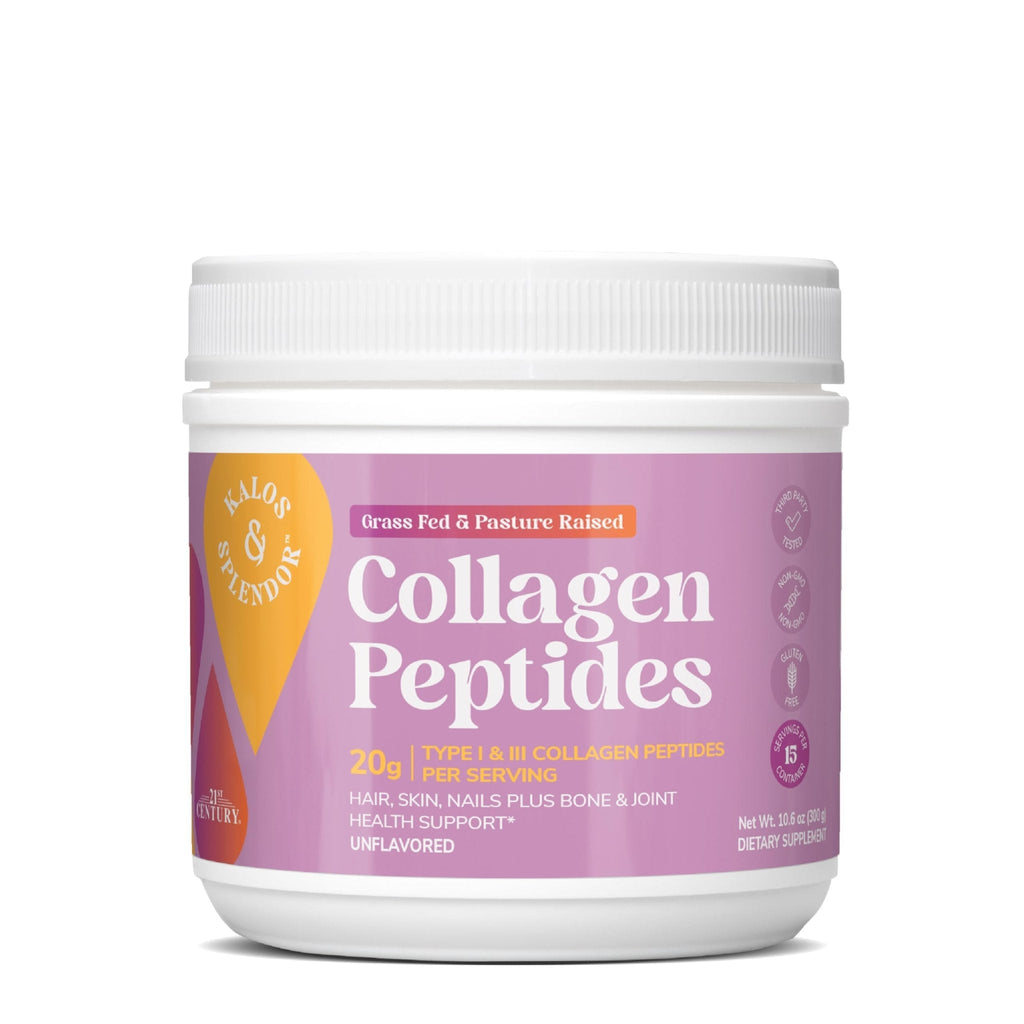21st Century Kalos & Splendor Collagen Peptides Powder, Grass Fed & Pasture Raised Type I & III Bovine Collagen, 20g Collagen Peptides + 18g Protein Per Scoop, Unflavored, 10.6 OZ - Maple Wellness Supplements