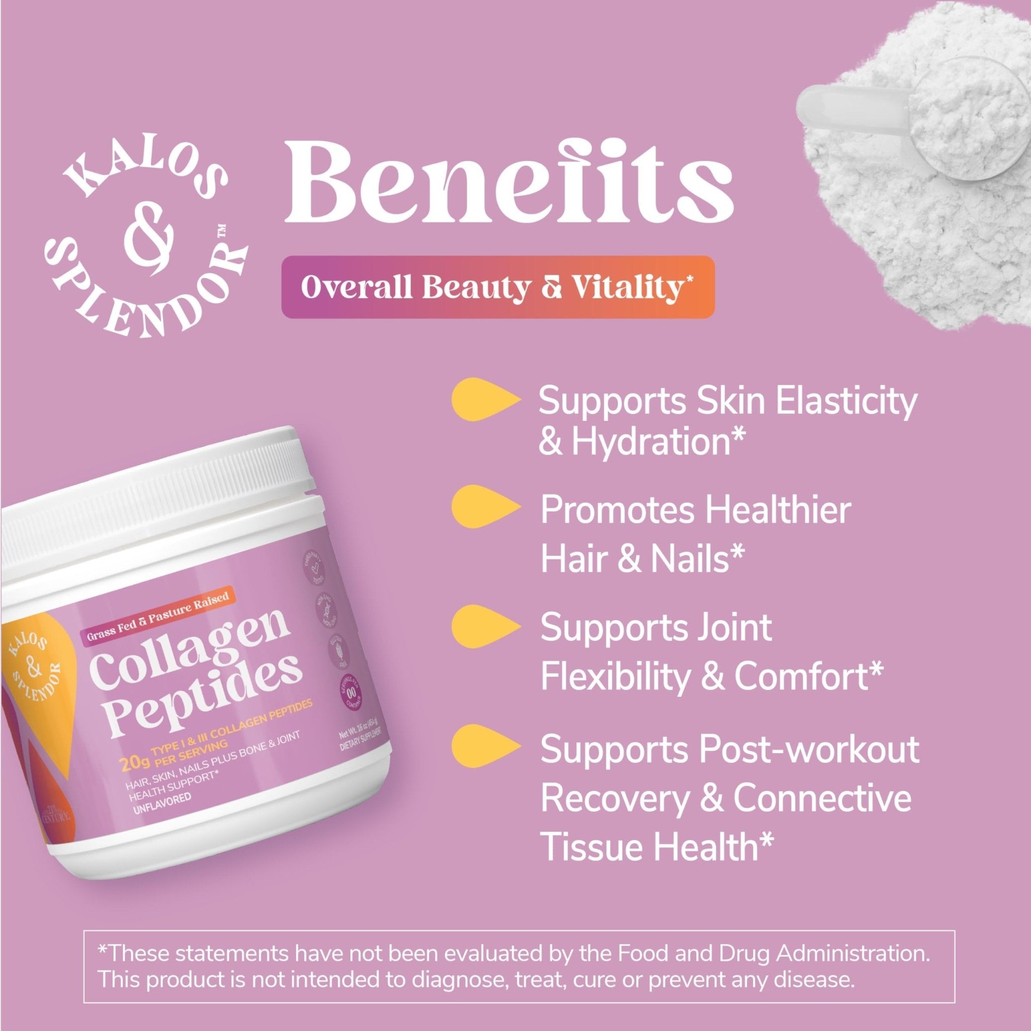 21st Century Kalos & Splendor Collagen Peptides Powder, Grass Fed & Pasture Raised Type I & III Bovine Collagen, 20g Collagen Peptides + 18g Protein Per Scoop, Unflavored, 10.6 OZ - Maple Wellness Supplements