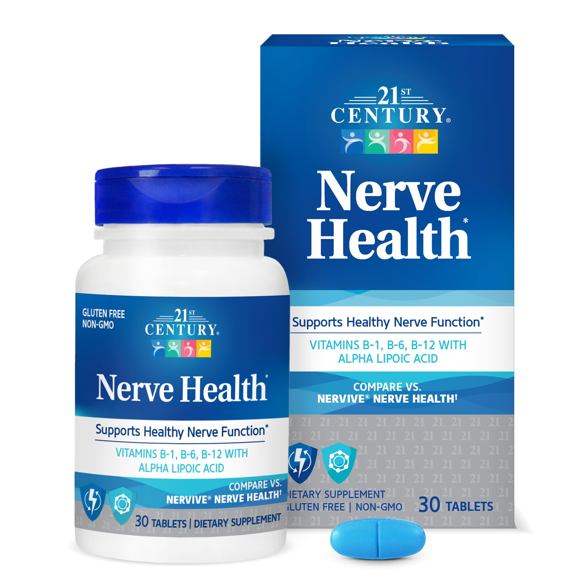 21st Century Nerve Health Tablets (30 Count), Alpha Lipoic Acid 300mg, B1, B6, & B12 Vitamins for Nerve Function Support, Antioxidant ALA Supplement, Gluten Free. Non-GMO, & Vegan - TrustMedUSA