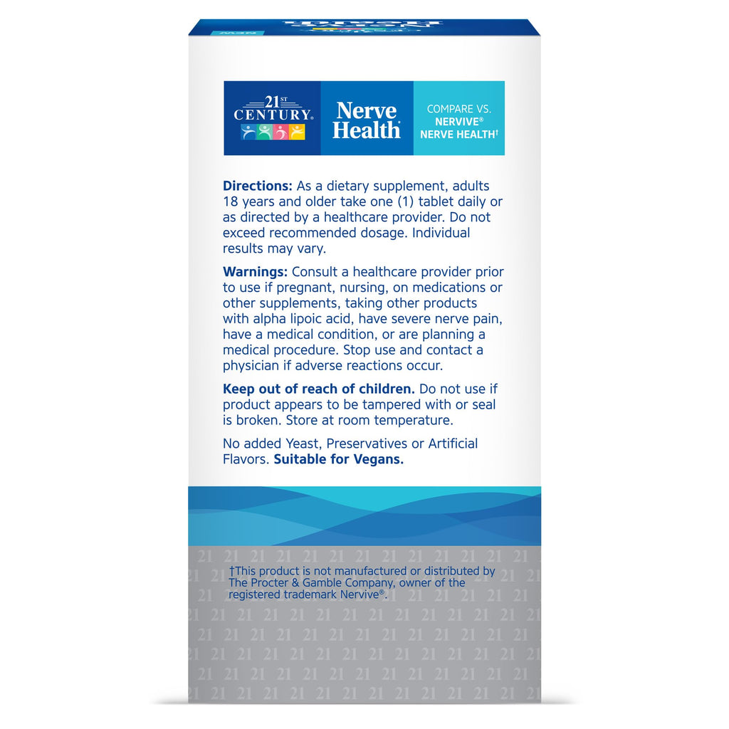 21st Century Nerve Health Tablets (30 Count), Alpha Lipoic Acid 300mg, B1, B6, & B12 Vitamins for Nerve Function Support, Antioxidant ALA Supplement, Gluten Free. Non-GMO, & Vegan - TrustMedUSA