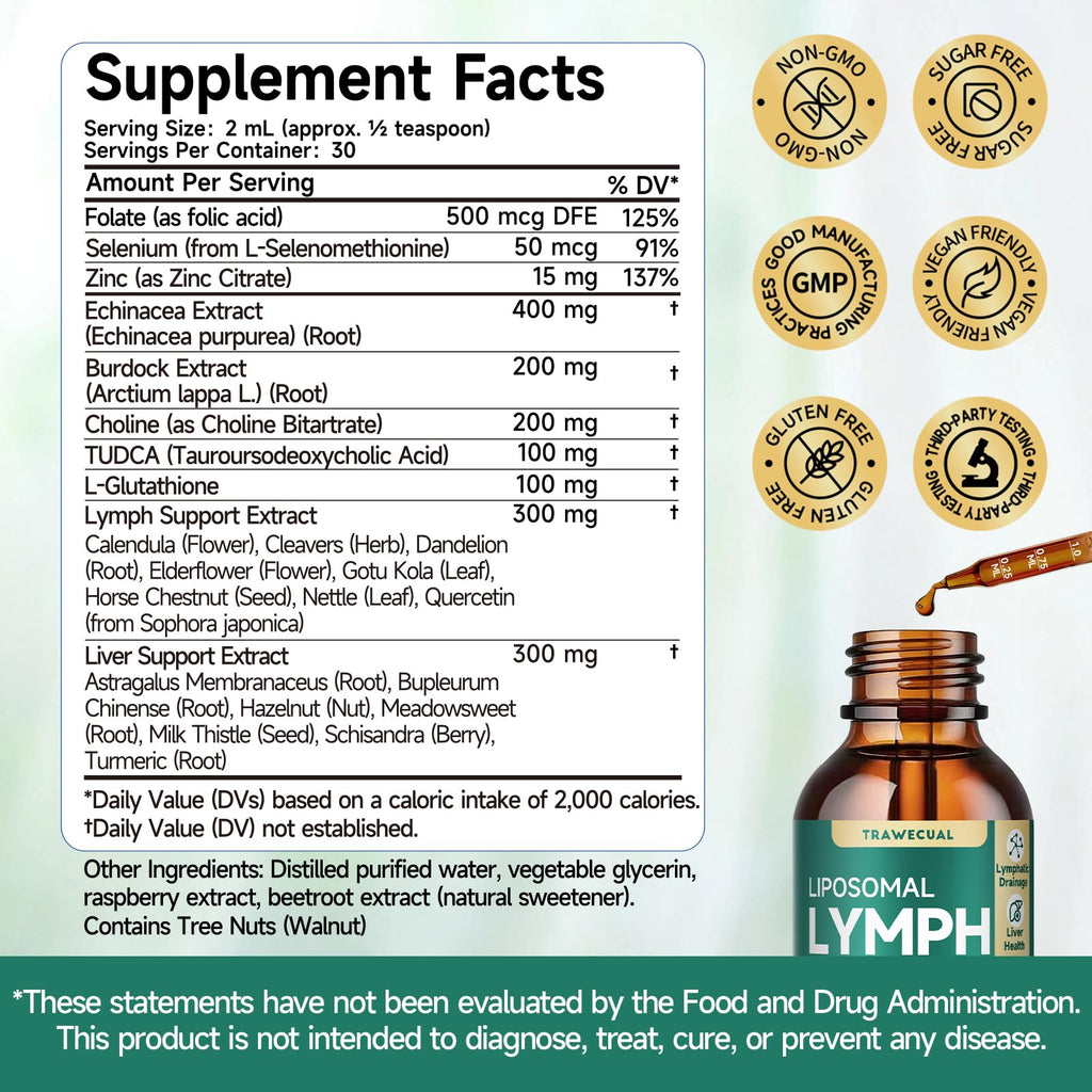 23-in-1 Liposomal Lymphatic Drainage Drops, Liver Cleanse Detox & Repair with Echinacea, TUDCA, Choline, L-Glutathione, Burdock for Lymphatic Support, Liver & Immune Health, 2 fl oz Supplement - Maple Wellness Supplements