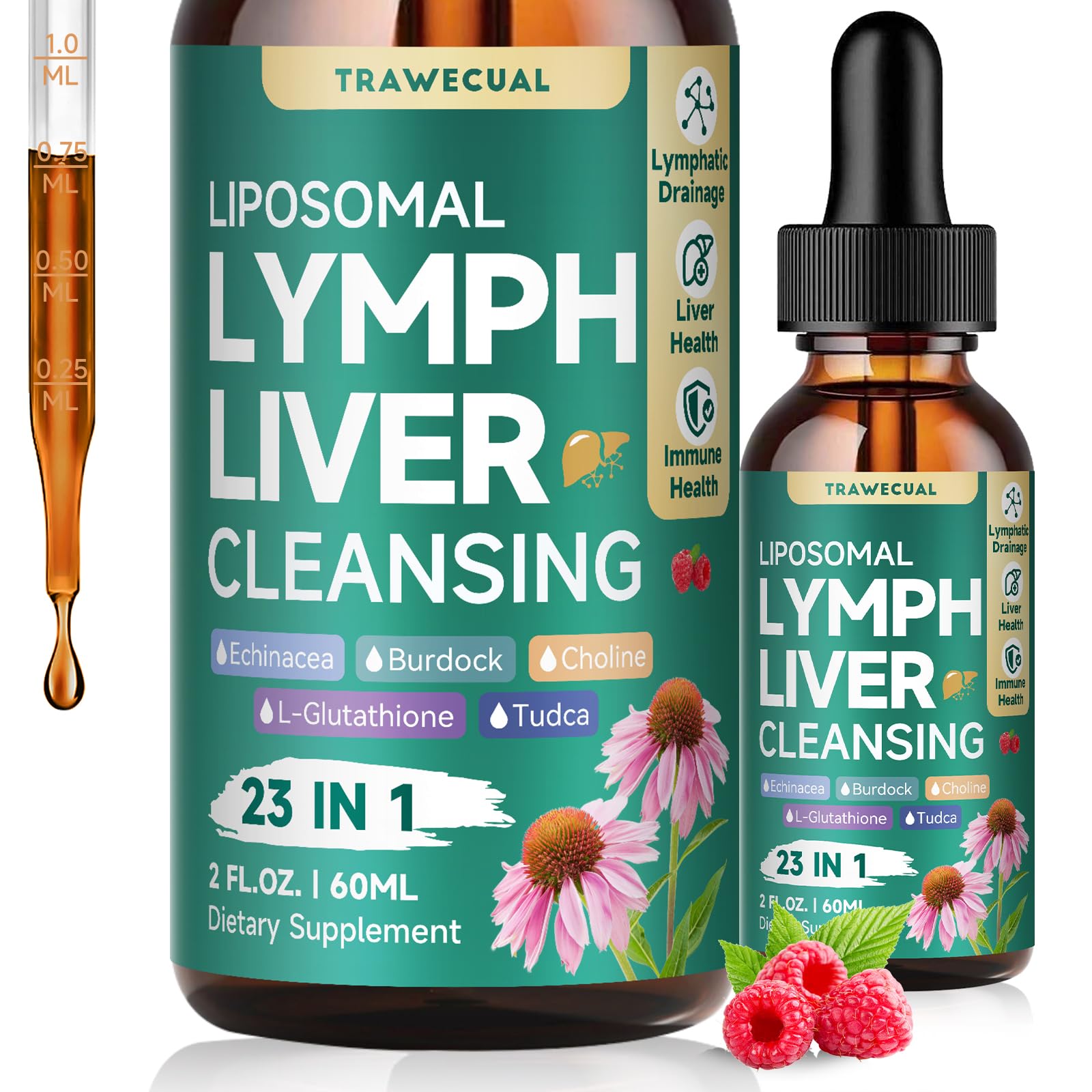 23-in-1 Liposomal Lymphatic Drainage Drops, Liver Cleanse Detox & Repair with Echinacea, TUDCA, Choline, L-Glutathione, Burdock for Lymphatic Support, Liver & Immune Health, 2 fl oz Supplement - Maple Wellness Supplements