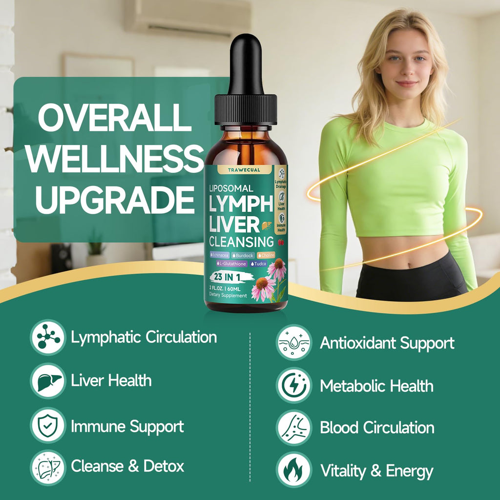 23-in-1 Liposomal Lymphatic Drainage Drops, Liver Cleanse Detox & Repair with Echinacea, TUDCA, Choline, L-Glutathione, Burdock for Lymphatic Support, Liver & Immune Health, 2 fl oz Supplement - Maple Wellness Supplements