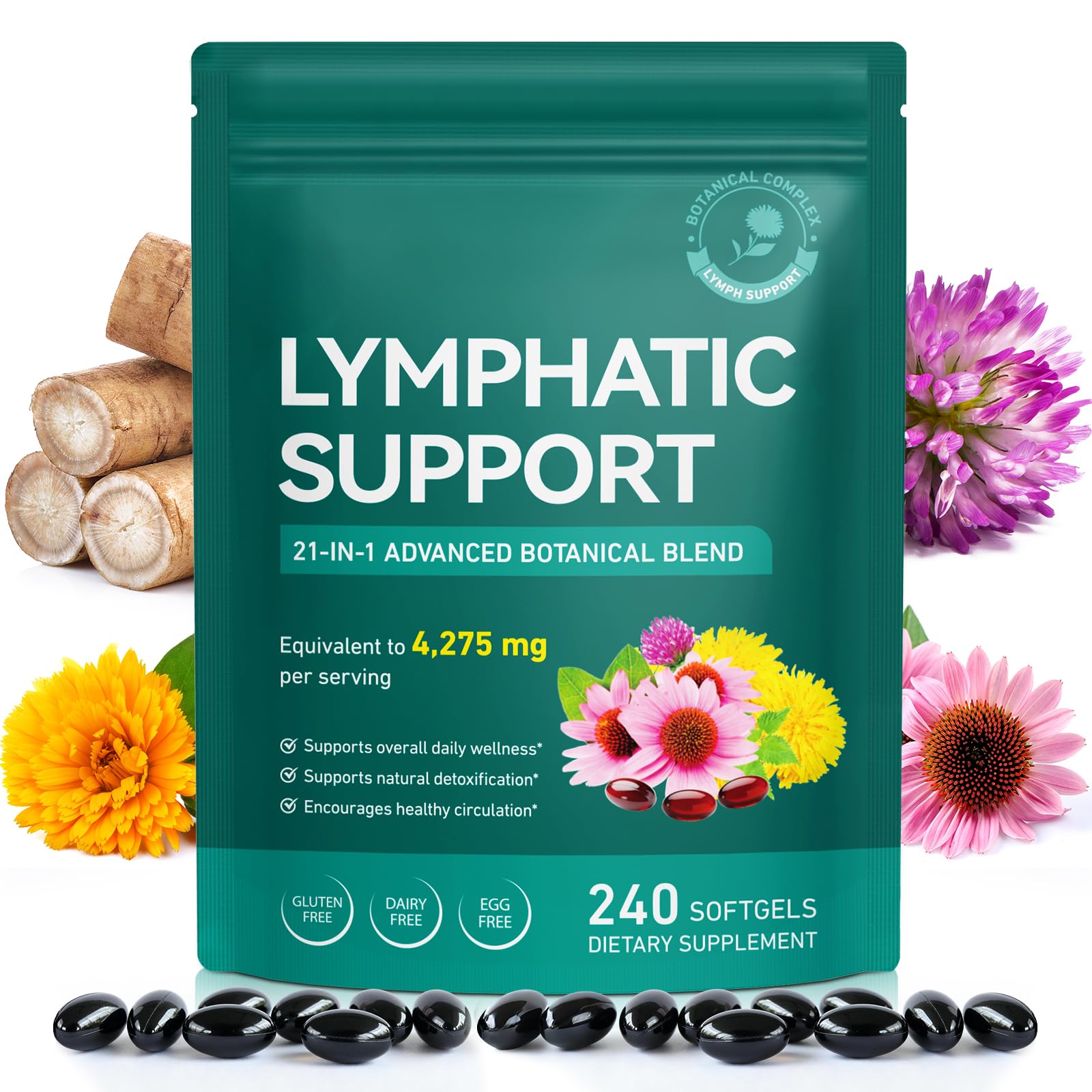 240 Softgels 21-in-1 Liposomal Lymphatic Drainage Supplements, 4275mg Lymph System Support Supplement for Women & Men,Herbal Blend,with Dandelion, Burdock, Echinacea,Rutin, Turmeric,Cleavers & More - Maple Wellness Supplements