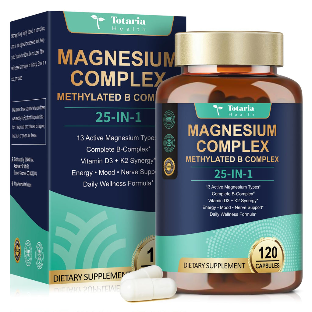 25-in-1 Magnesium Complex with Methylated B Complex Magnesium Glycinate Citrate Malate Taurate Gluconate Aspartate Carbonate D3 K2, Magnesium Supplement - TrustMedUSA