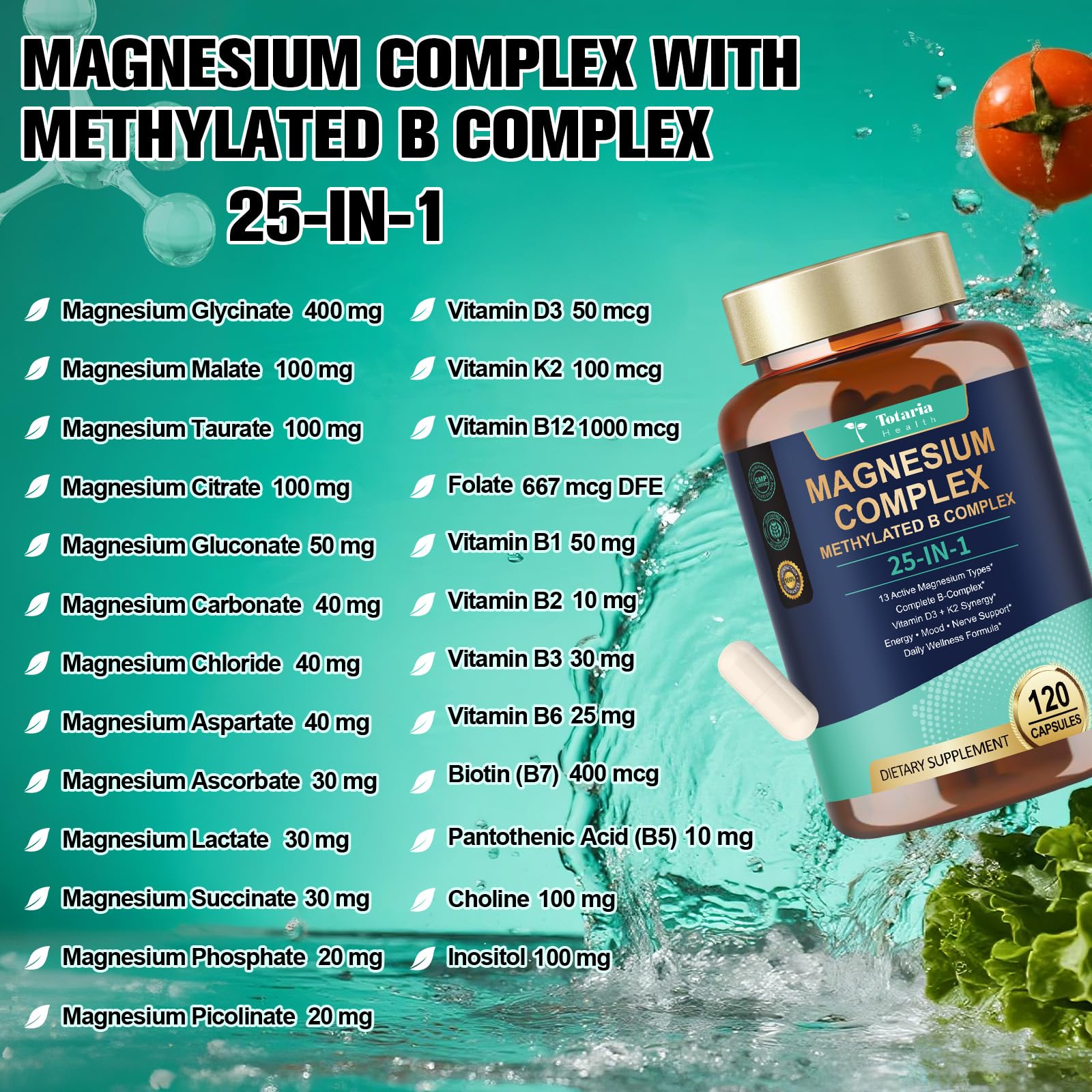 25-in-1 Magnesium Complex with Methylated B Complex Magnesium Glycinate Citrate Malate Taurate Gluconate Aspartate Carbonate D3 K2, Magnesium Supplement - TrustMedUSA
