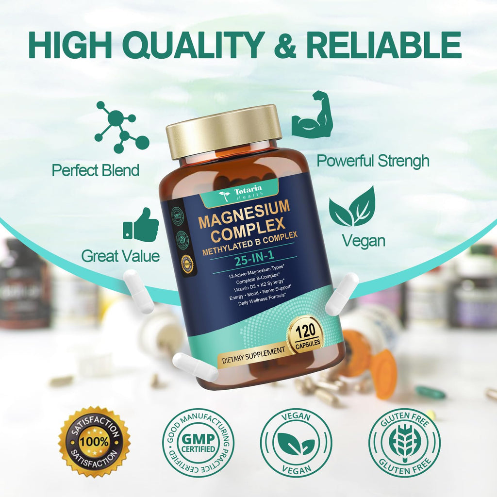25-in-1 Magnesium Complex with Methylated B Complex Magnesium Glycinate Citrate Malate Taurate Gluconate Aspartate Carbonate D3 K2, Magnesium Supplement - TrustMedUSA