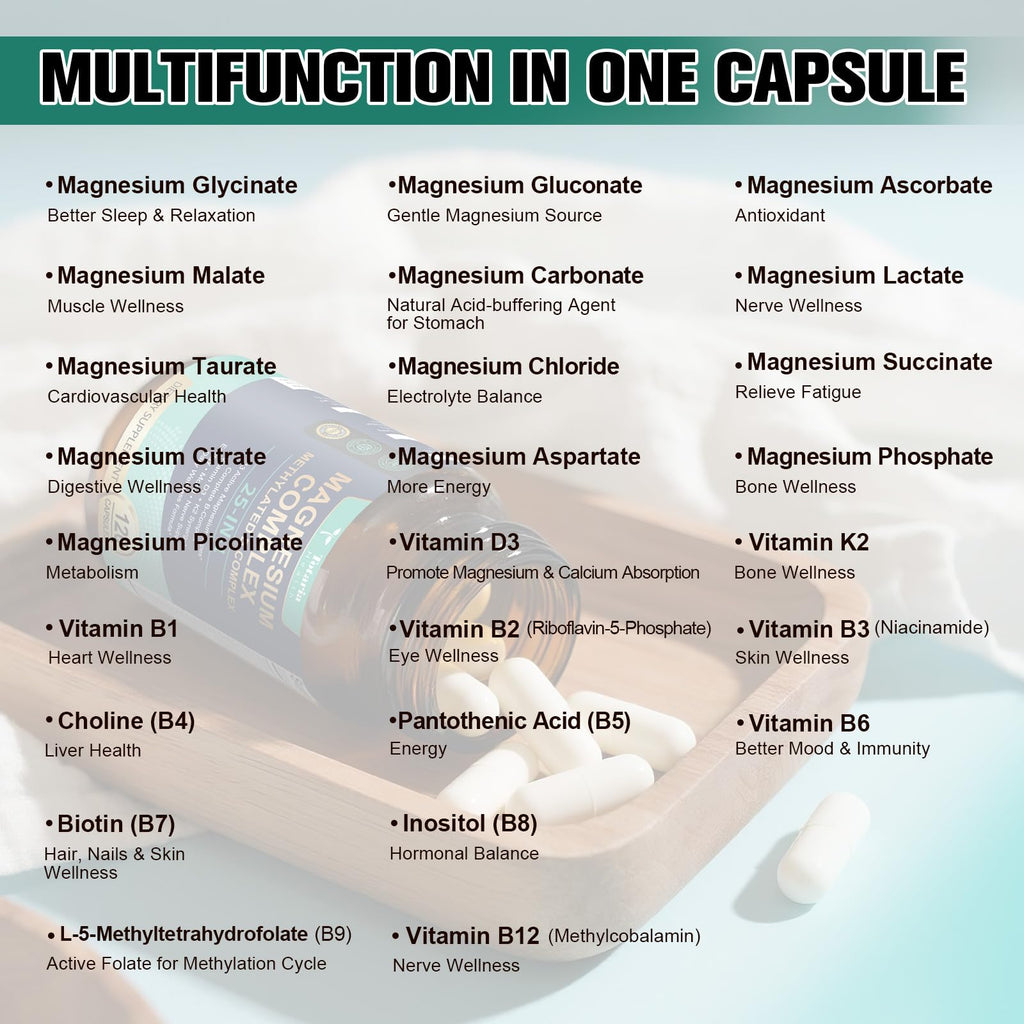 25-in-1 Magnesium Complex with Methylated B Complex Magnesium Glycinate Citrate Malate Taurate Gluconate Aspartate Carbonate D3 K2, Magnesium Supplement - TrustMedUSA