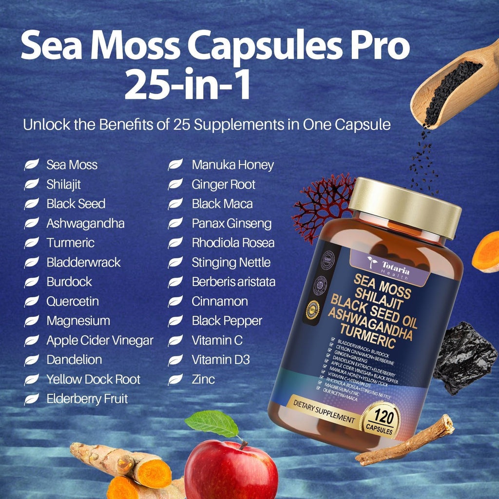 25-in-1 Sea Moss Black Seed Oil Ashwagandha Ginger Shilajit Supplement, Sea Moss Capsules Pro with Bladder Burdock Ceylon Cinnamon Berberine ACV Manuka VIT C & D3 for Men Women, 120 Vegan Caps - TrustMedUSA
