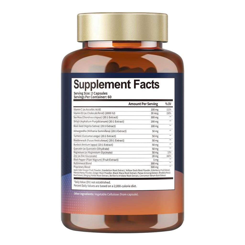 25-in-1 Sea Moss Black Seed Oil Ashwagandha Ginger Shilajit Supplement, Sea Moss Capsules Pro with Bladder Burdock Ceylon Cinnamon Berberine ACV Manuka VIT C & D3 for Men Women, 120 Vegan Caps - TrustMedUSA