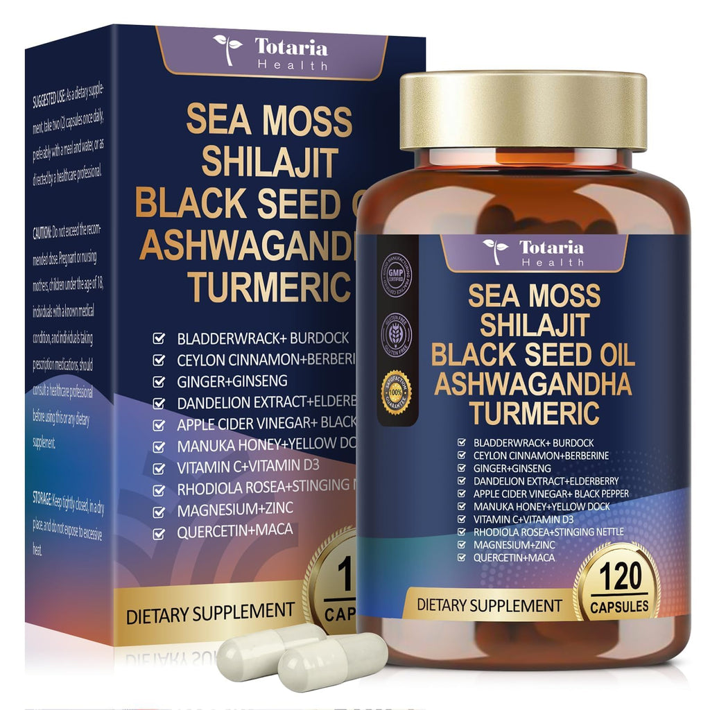 25-in-1 Sea Moss Black Seed Oil Ashwagandha Ginger Shilajit Supplement, Sea Moss Capsules Pro with Bladder Burdock Ceylon Cinnamon Berberine ACV Manuka VIT C & D3 for Men Women, 120 Vegan Caps - TrustMedUSA