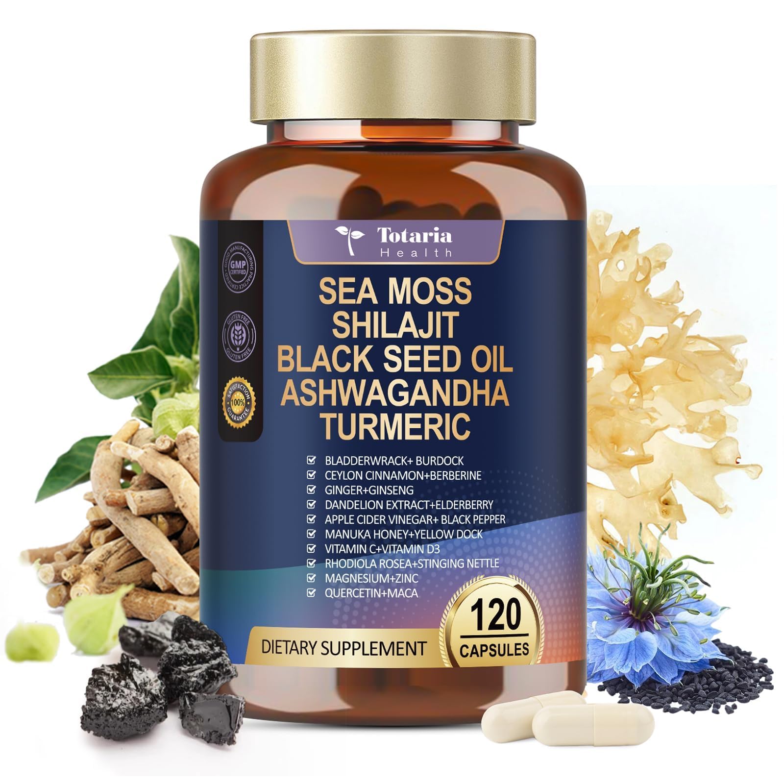 25-in-1 Sea Moss Black Seed Oil Ashwagandha Ginger Shilajit Supplement, Sea Moss Capsules Pro with Bladder Burdock Ceylon Cinnamon Berberine ACV Manuka VIT C & D3 for Men Women, 120 Vegan Caps - TrustMedUSA