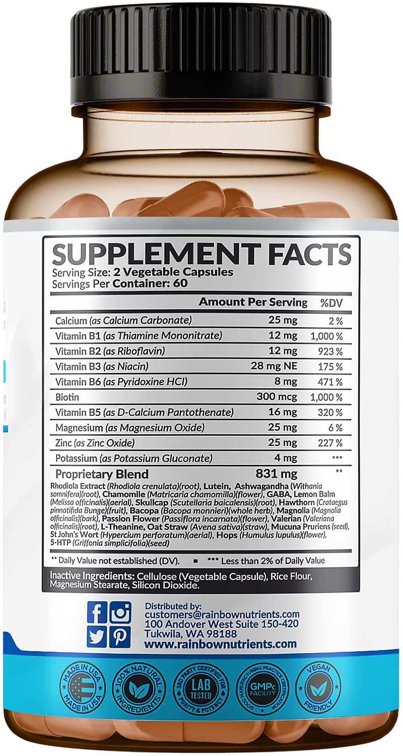 28 in 1 Calm Mood Support Supplement- Natural Happy Pills for Occasional Anxiousness & Stress, Worry feelings, Relaxation, Mental Clarity | Max Sleep & Mood Support for Women & Men|120 Vegan Capsules - TrustMedUSA