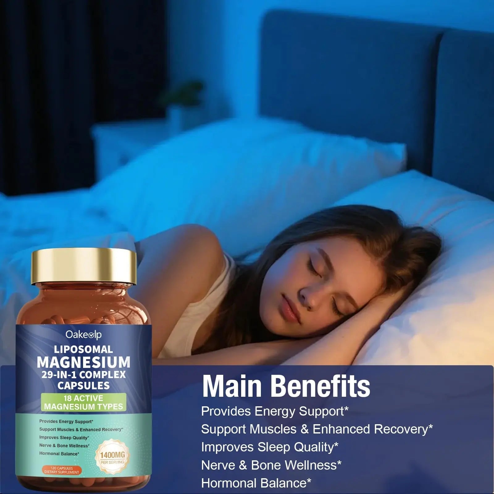 29-in-1 Liposomal 18 Active Types Magnesium Complex 1400MG Capsule,L-Threonate Glycinate Malate etc,Mild & Efficient,Extra Vitamin B6 B12 D3K2 & CoQ10, Relaxation Nerve* & Hert* Support - TrustMedUSA