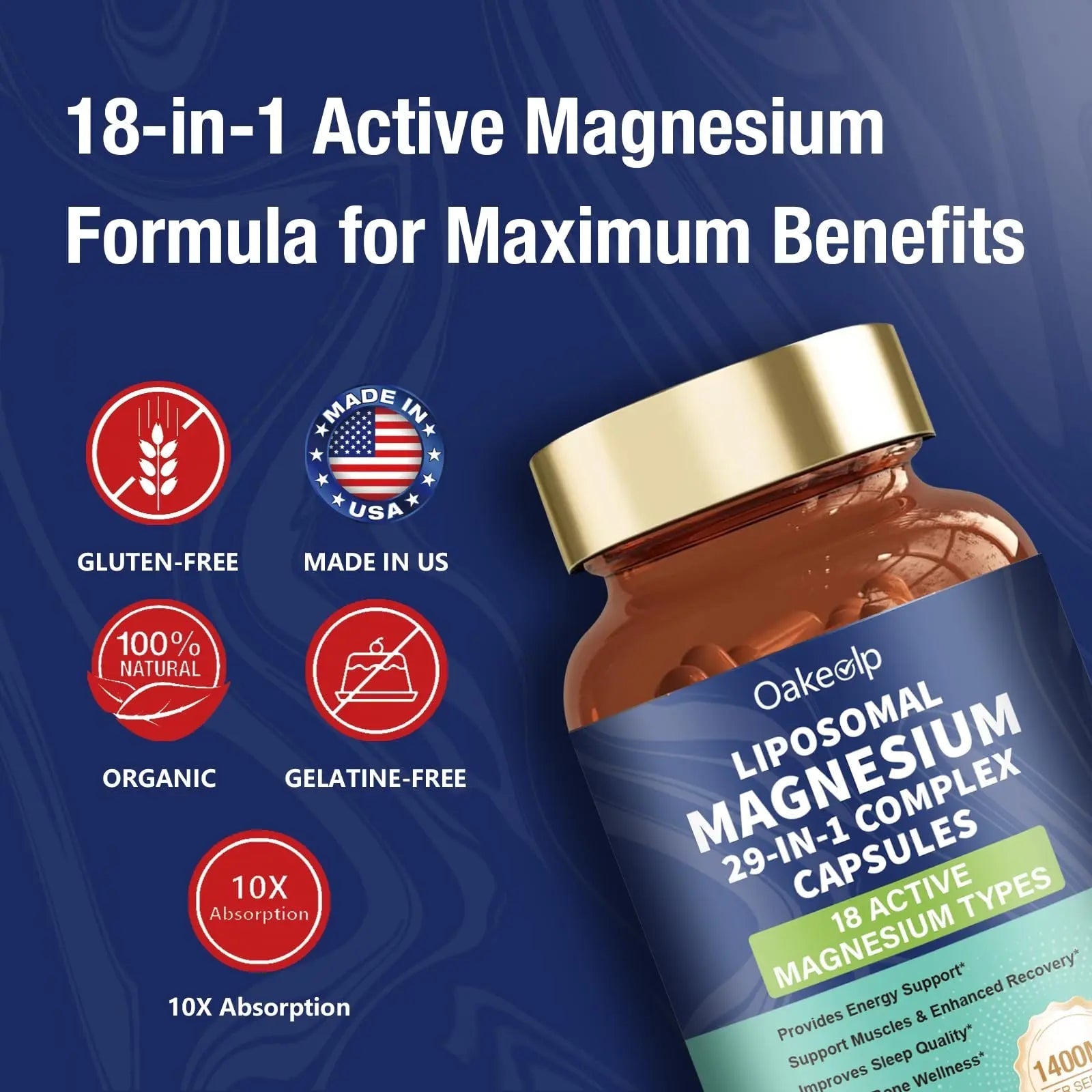 29-in-1 Liposomal 18 Active Types Magnesium Complex 1400MG Capsule,L-Threonate Glycinate Malate etc,Mild & Efficient,Extra Vitamin B6 B12 D3K2 & CoQ10, Relaxation Nerve* & Hert* Support - TrustMedUSA
