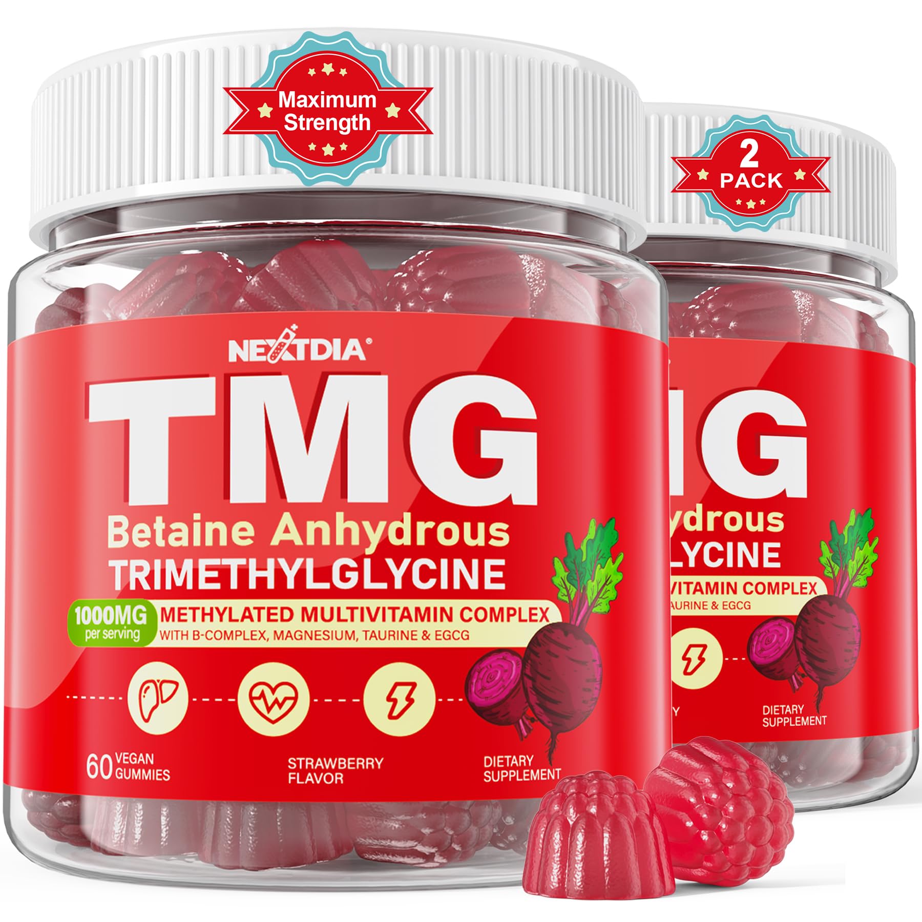 2Pack TMG Gummies 1000mg Betaine Anhydrous + Methylated Multivitamin & B Complex Methylated(Methylfolate B12 B6), Magnesium, Taurine - Essential Trimethylglycine for Homocysteine Levels, Brain, Energy - TrustMedUSA