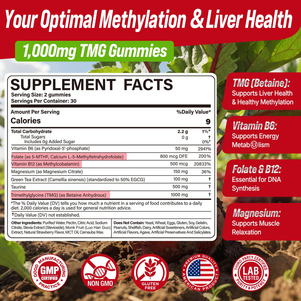 2Pack TMG Gummies 1000mg Betaine Anhydrous + Methylated Multivitamin & B Complex Methylated(Methylfolate B12 B6), Magnesium, Taurine - Essential Trimethylglycine for Homocysteine Levels, Brain, Energy - TrustMedUSA