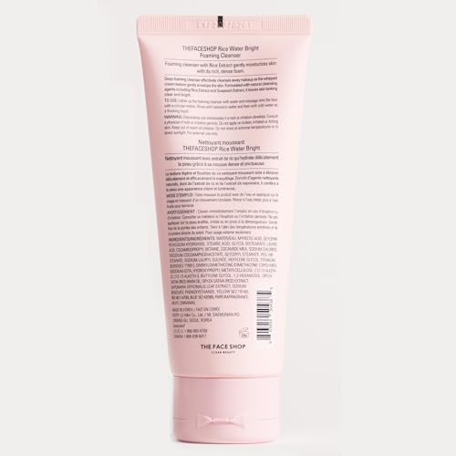 The Face Shop Rice Water Bright Foaming Facial Cleanser with Ceramide, Gentle Face Wash for Hydrating & Moisturizing,