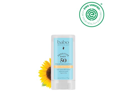 Babo Botanicals Sensitive Baby Mineral Sunscreen Stick SPF 50 - 70% Organic Ingredients - Zinc Oxide - NSF & MADE SAFE and EWG Certified