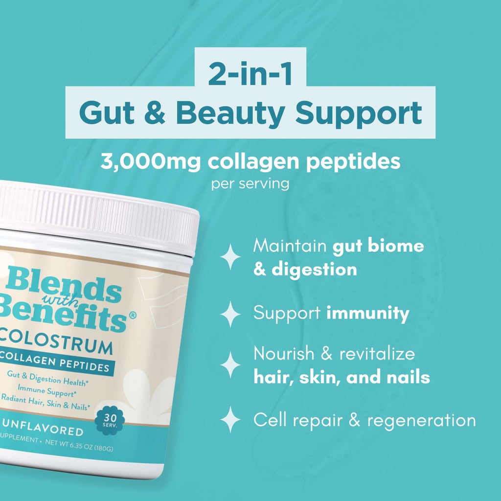 360 Nutrition Blends with Benefits Bovine Colostrum + Collagen Peptides Powder for Gut Health, Hair & Skin Beauty, Immune Support | Grass-Fed, No Added Sugar, Unflavored 6 oz - TrustMedUSA