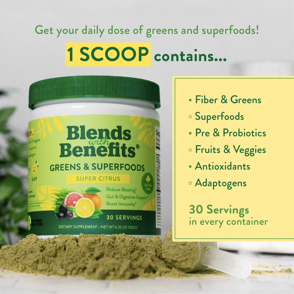 360 Nutrition Blends with Benefits Super Greens Powder w/Probiotics, Digestive Enzymes, Sugar & Gluten Free, Plant Based Superfood Drink Mix for Gut Health, Bloating, Immunity, Overall Health, 6.35 oz - TrustMedUSA