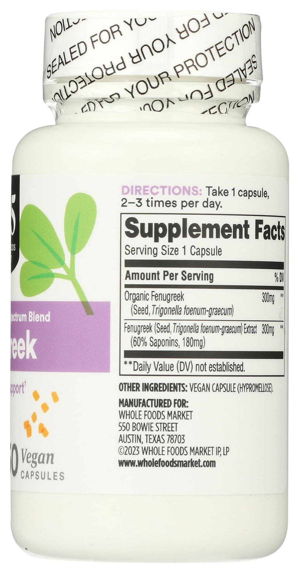 365 by Whole Foods Market, Fenugreek Standardized + Full Spectrum Blend, Lactation Support, Vegan Capsules, 60 Count - TrustMedUSA