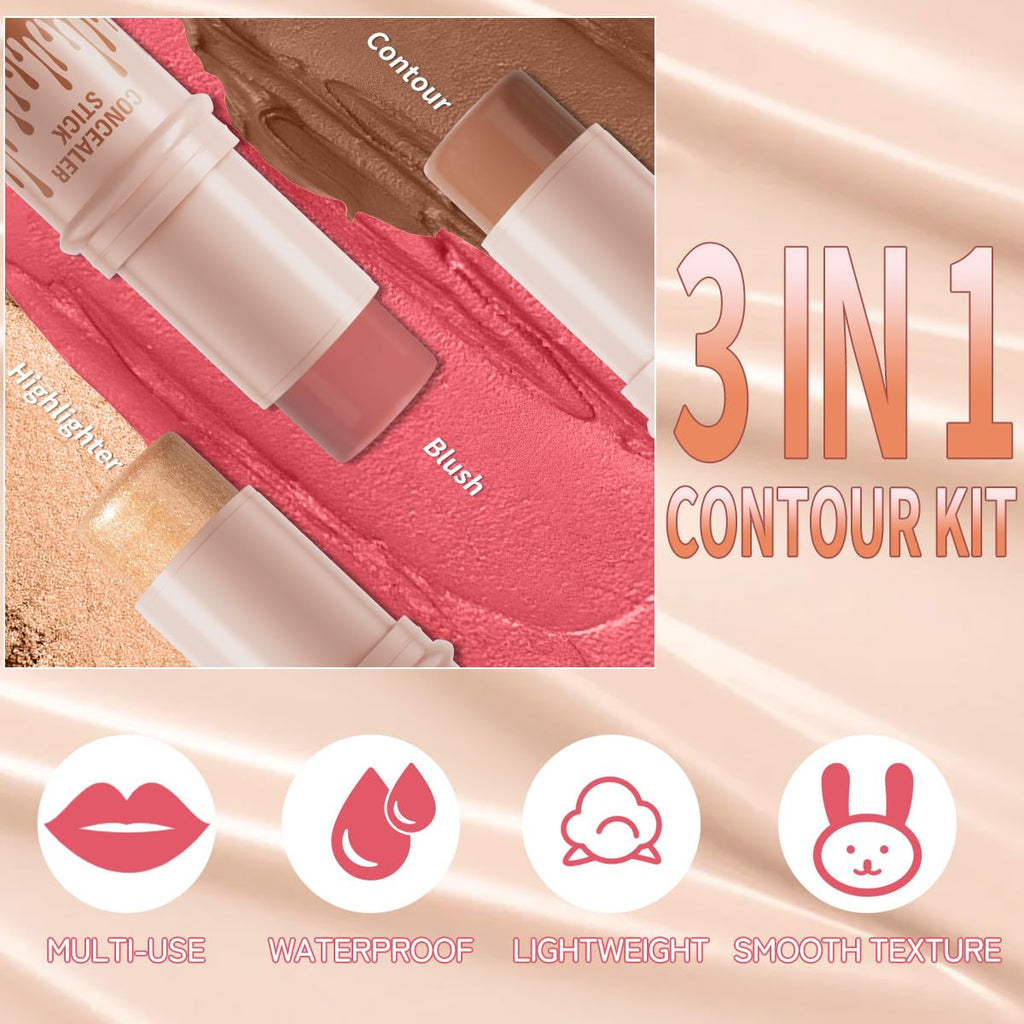 3Pcs Cream Contour Sticks Kit, Highlighter Stick Blush Stick Cream Contour Kit Makeup Set with Brush,Face Brightens & Shades Contour Stick Waterproof for Women - TrustMedUSA