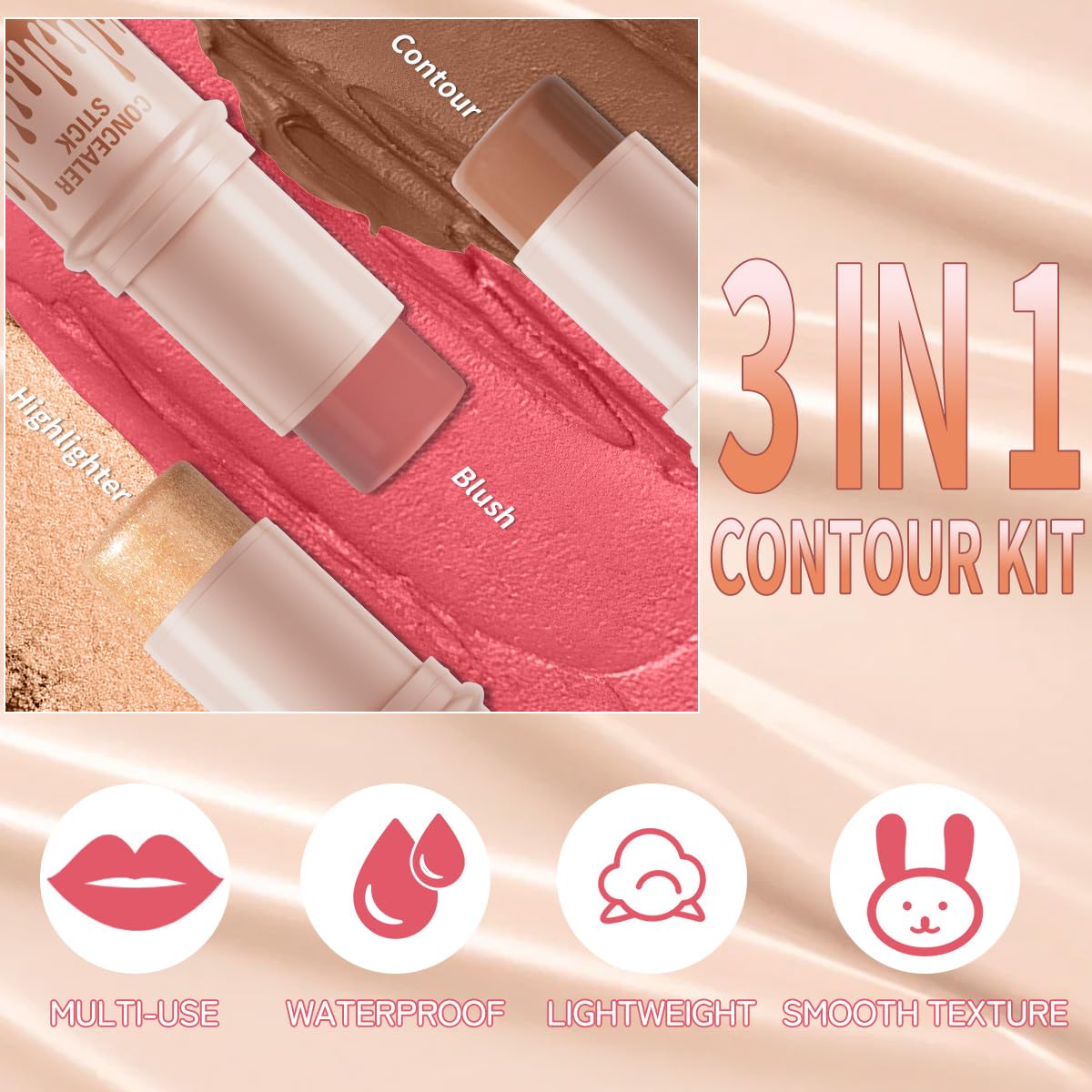 3Pcs Cream Contour Sticks Kit, Highlighter Stick Blush Stick Cream Contour Kit Makeup Set with Brush,Face Brightens & Shades Contour Stick Waterproof for Women - TrustMedUSA