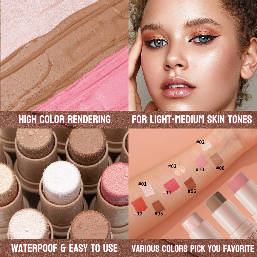 3Pcs Cream Contour Sticks Kit, Highlighter Stick Blush Stick Cream Contour Kit Makeup Set with Brush,Face Brightens & Shades Contour Stick Waterproof for Women - TrustMedUSA