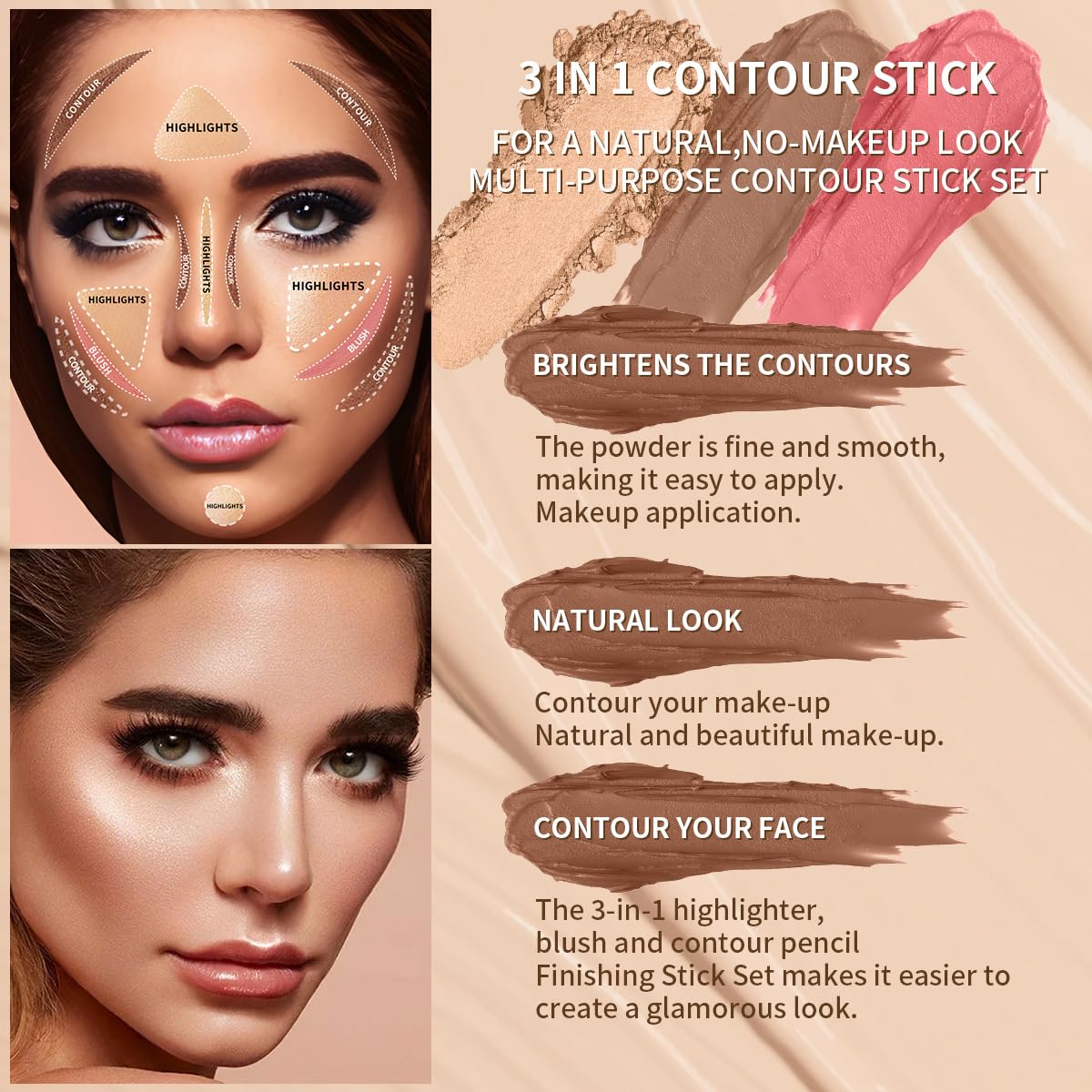 3Pcs Cream Contour Sticks Kit, Highlighter Stick Blush Stick Cream Contour Kit Makeup Set with Brush,Face Brightens & Shades Contour Stick Waterproof for Women - TrustMedUSA