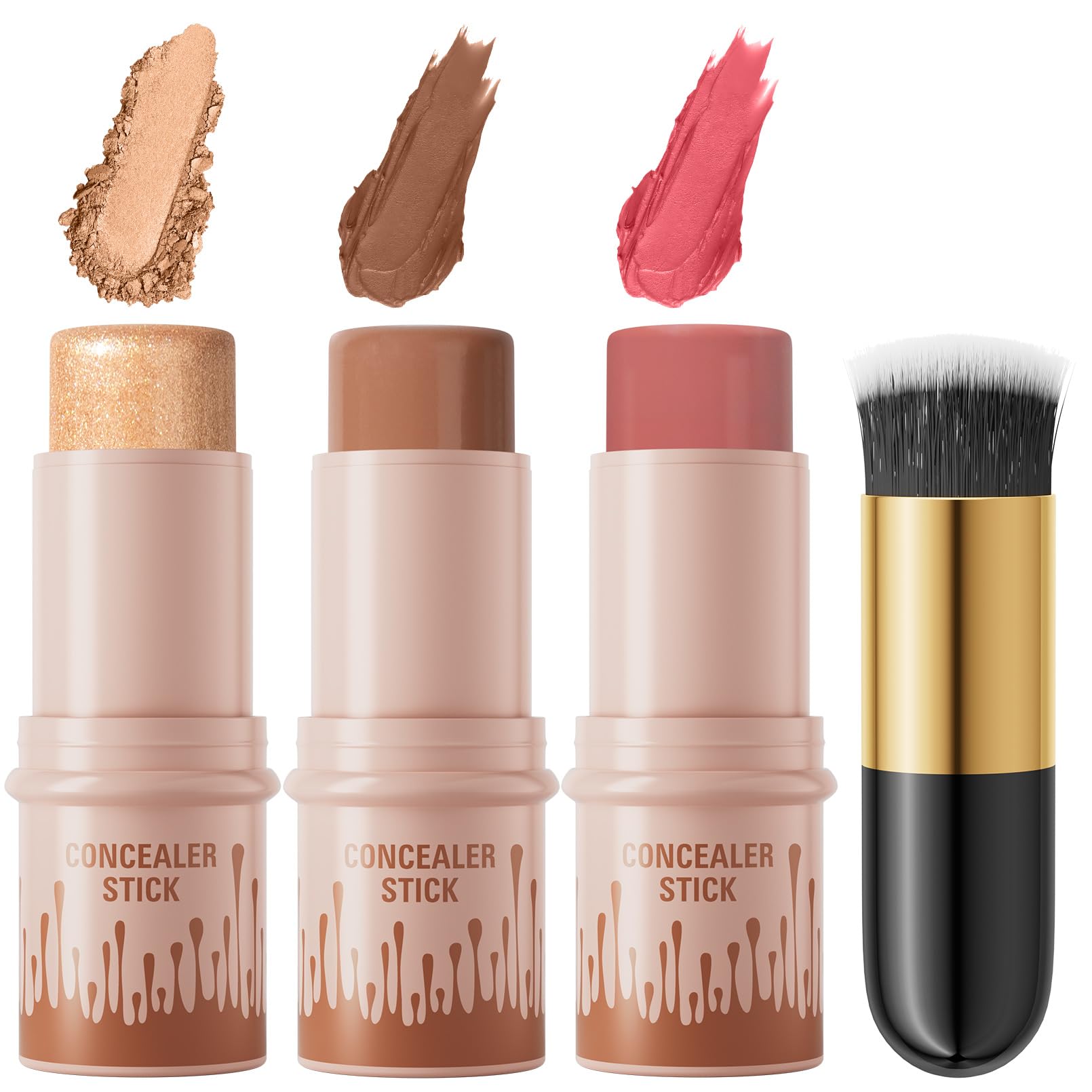 3Pcs Cream Contour Sticks Kit, Highlighter Stick Blush Stick Cream Contour Kit Makeup Set with Brush,Face Brightens & Shades Contour Stick Waterproof for Women - TrustMedUSA