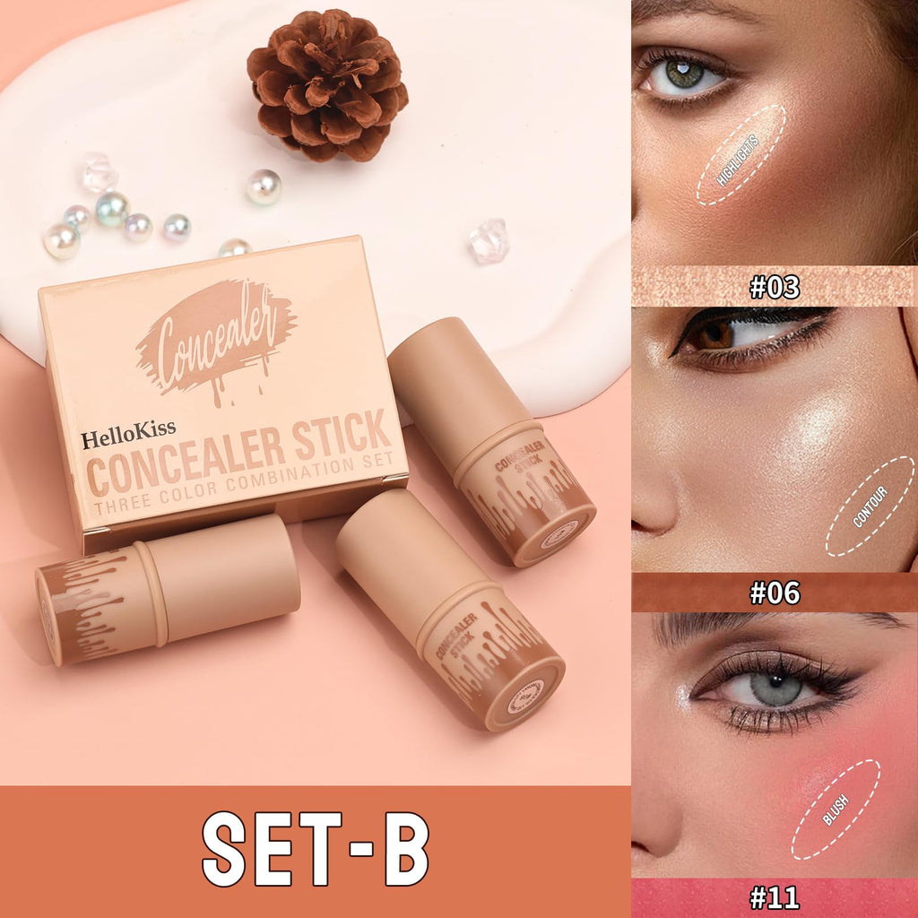 3Pcs Cream Contour Sticks Kit, Highlighter Stick Blush Stick Cream Contour Kit Makeup Set with Brush,Face Brightens & Shades Contour Stick Waterproof for Women - TrustMedUSA