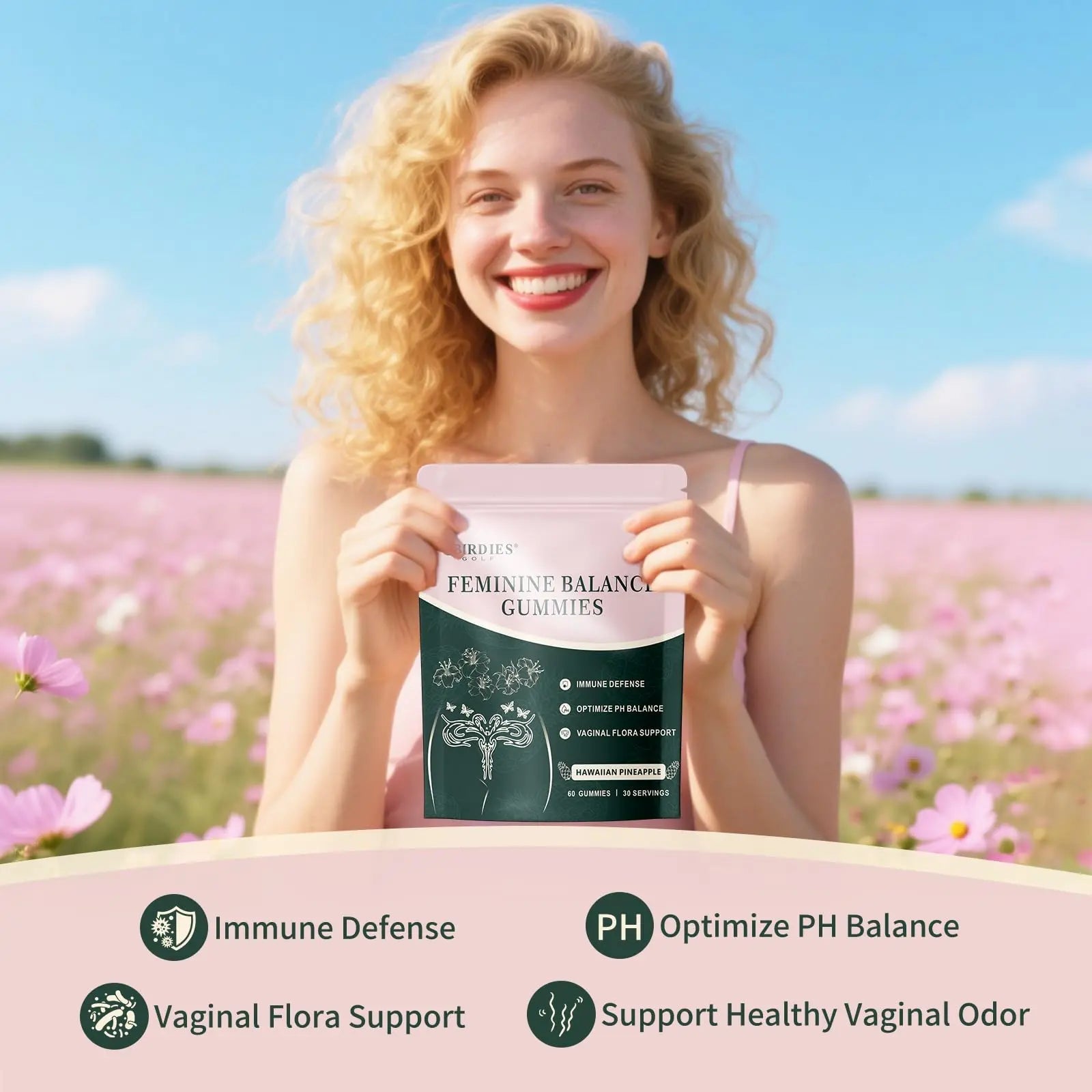 4 BIRDIES GOLF Premium Feminine Balance Gummies for Women's Health, Hawaiian Pineapple Gummies for Women Vaginal Probiotic & pH Balance Support - Vegan - Healthy Odor - Gluten-Free - 60 Count - TrustMedUSA