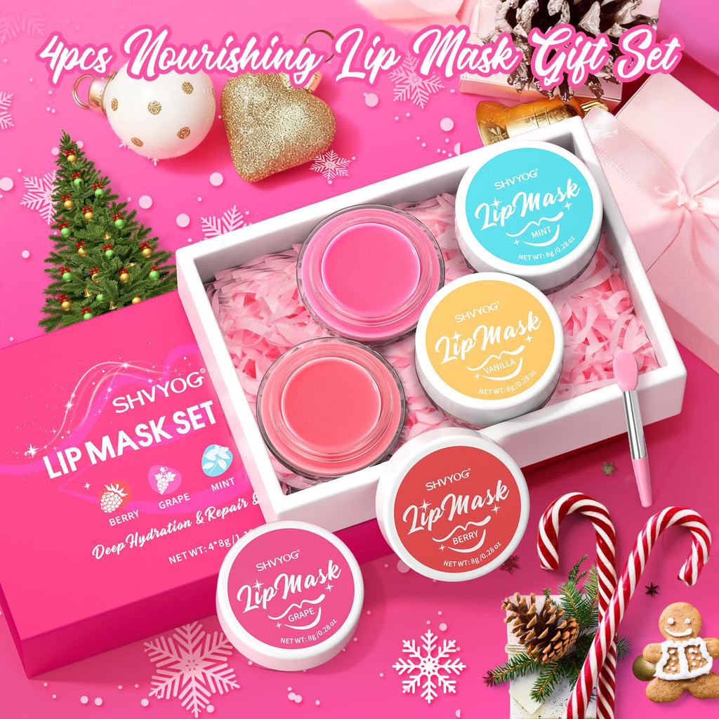 4 Pack Lip Mask Set, Hydrating Lip Mask Overnight - Berry, Grape, Mint, Vanilla Flavors, Lip Sleeping Mask Nourish Lip Balm with Vitamin C & Shea Butter | Dry Lips Care Gift - TrustMedUSA