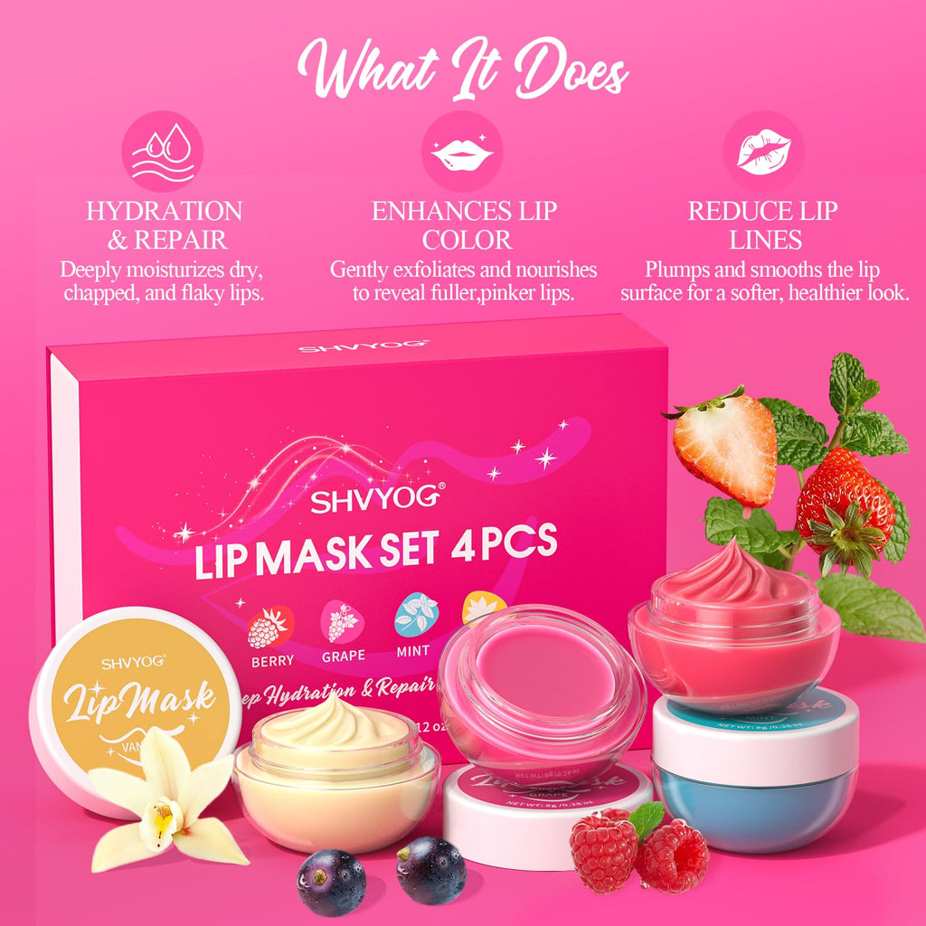 4 Pack Lip Mask Set, Hydrating Lip Mask Overnight - Berry, Grape, Mint, Vanilla Flavors, Lip Sleeping Mask Nourish Lip Balm with Vitamin C & Shea Butter | Dry Lips Care Gift - TrustMedUSA
