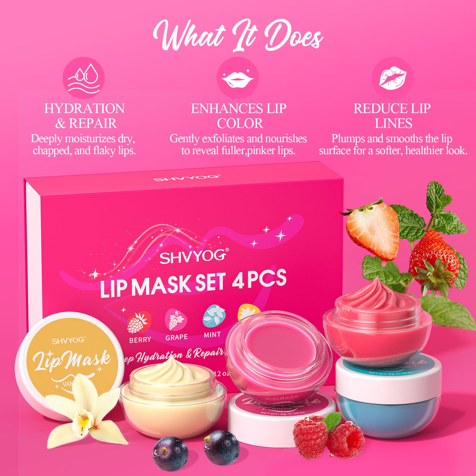 4 Pack Lip Mask Set, Hydrating Lip Mask Overnight - Berry, Grape, Mint, Vanilla Flavors, Lip Sleeping Mask Nourish Lip Balm with Vitamin C & Shea Butter | Dry Lips Care Gift - TrustMedUSA