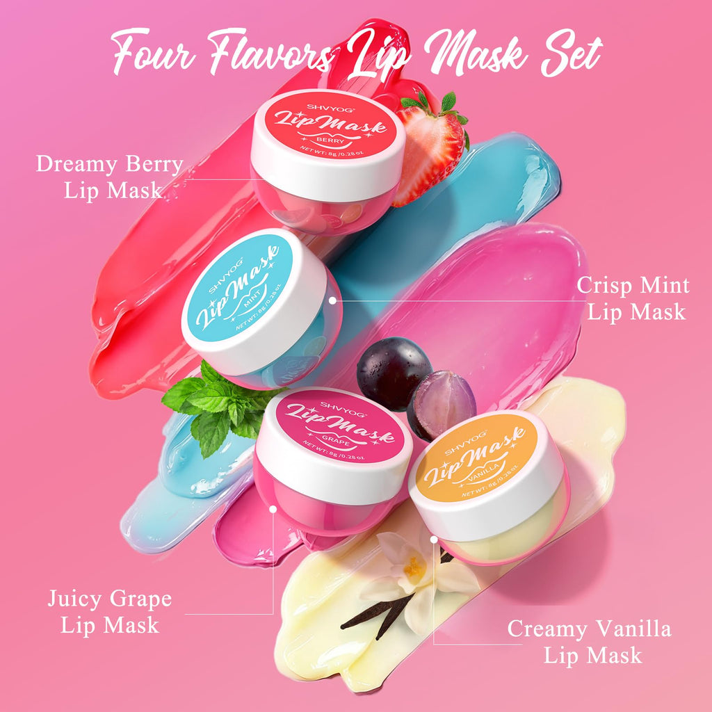 4 Pack Lip Mask Set, Hydrating Lip Mask Overnight - Berry, Grape, Mint, Vanilla Flavors, Lip Sleeping Mask Nourish Lip Balm with Vitamin C & Shea Butter | Dry Lips Care Gift - TrustMedUSA