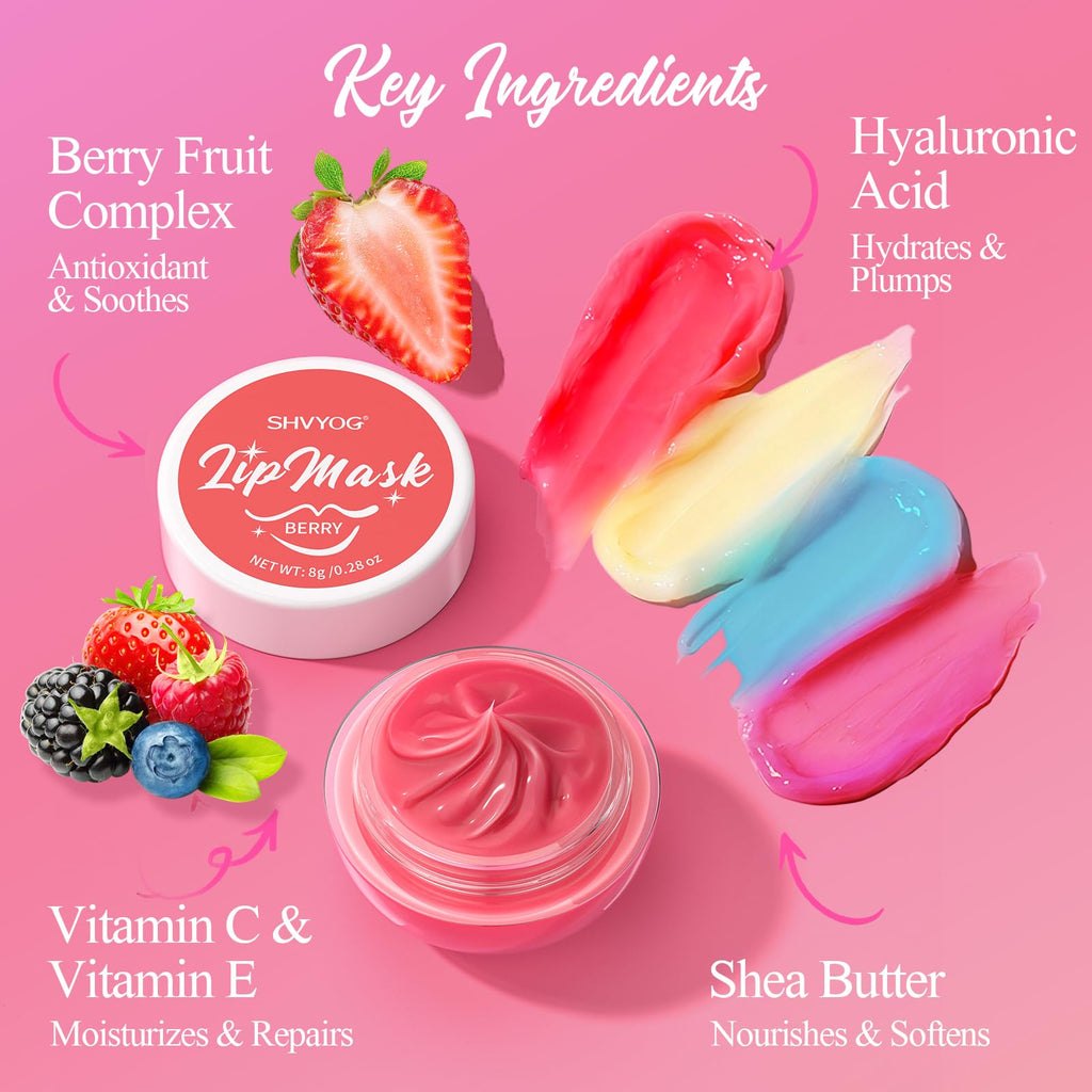 4 Pack Lip Mask Set, Hydrating Lip Mask Overnight - Berry, Grape, Mint, Vanilla Flavors, Lip Sleeping Mask Nourish Lip Balm with Vitamin C & Shea Butter | Dry Lips Care Gift - TrustMedUSA