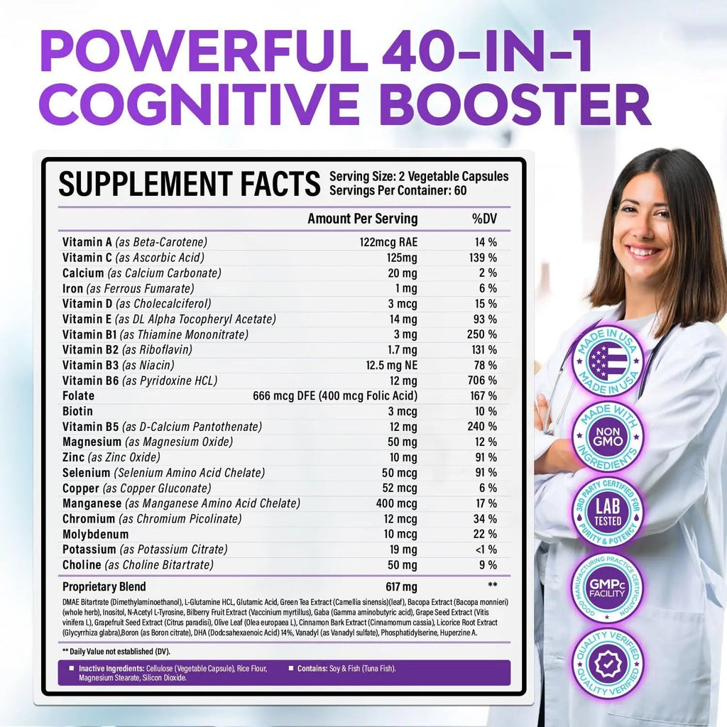 40-in-1 Brain Booster Supplements for Memory, Focus, Clarity, Energy, Performance - TrustMedUSA