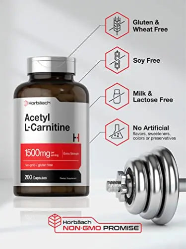 Acetyl L-Carnitine 1500mg | 200 Capsules | Extra Strength ALCAR Supplement | Non-GMO Horbäach Au supplements