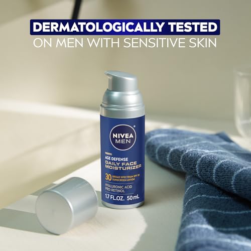 NIVEA MEN Age Defense Daily Face Moisturizer with Broad Spectrum SPF 30 Sunscreen, Pro-Retinol and Hyaluronic Acid, Beard-Friendly