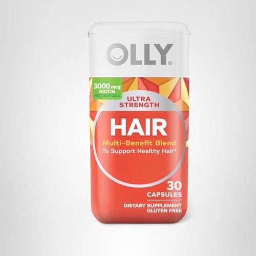 OLLY Ultra Strength Hair Softgels, Supports Hair Health, Biotin, Keratin, Vitamin D, B12, Hair Supplement, 30 Day Supply