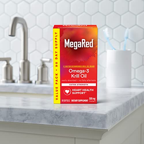 MegaRed Antarctic Krill Oil 500mg Omega 3 Fatty Acid Supplement, Extra Strength EPA & DHA Krill Oil Softgels (90cnt Box), Astaxanthin