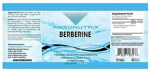 Absonutrix Berberine Supplement 600 mg, 4 Fl Oz Large Bottle, Healthy Weight Loss Support Absonutrix Au supplements