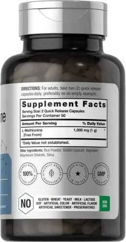 L Methionine 1000mg | 100 Capsules | Non-GMO, Gluten Free | Free Form Supplement Horbäach Au supplements