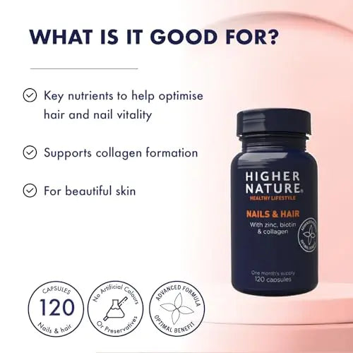 Higher Nature - Nails & Hair - Contains Zinc, Biotin & Collagen - Supports Beautiful Skin - 120 Capsules HIGHER NATURE Au supplements